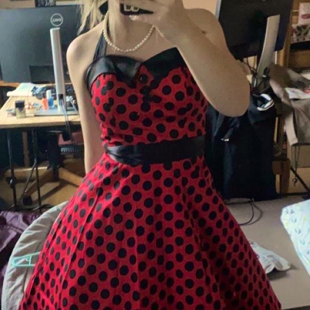 Red w/ Black polka dot Dress:)